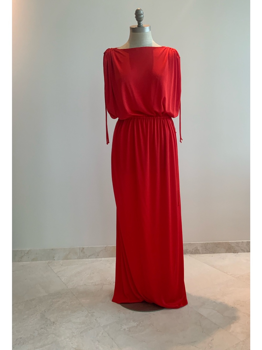 Vtg Bold Red Gathered-Waist Maxi Dress  sz Sm-Med